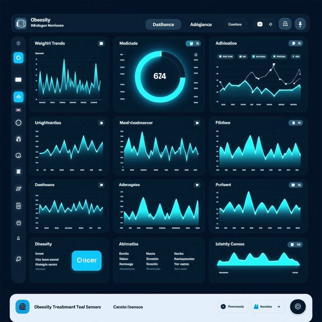 Futuristic digital interface displaying patient weight, medication adherence, and biometric data for personalized obesity treatment