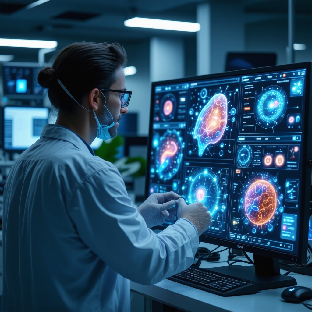 Doctor reviewing microbiome and AI data for personalized fat loss in a high-tech medical environment