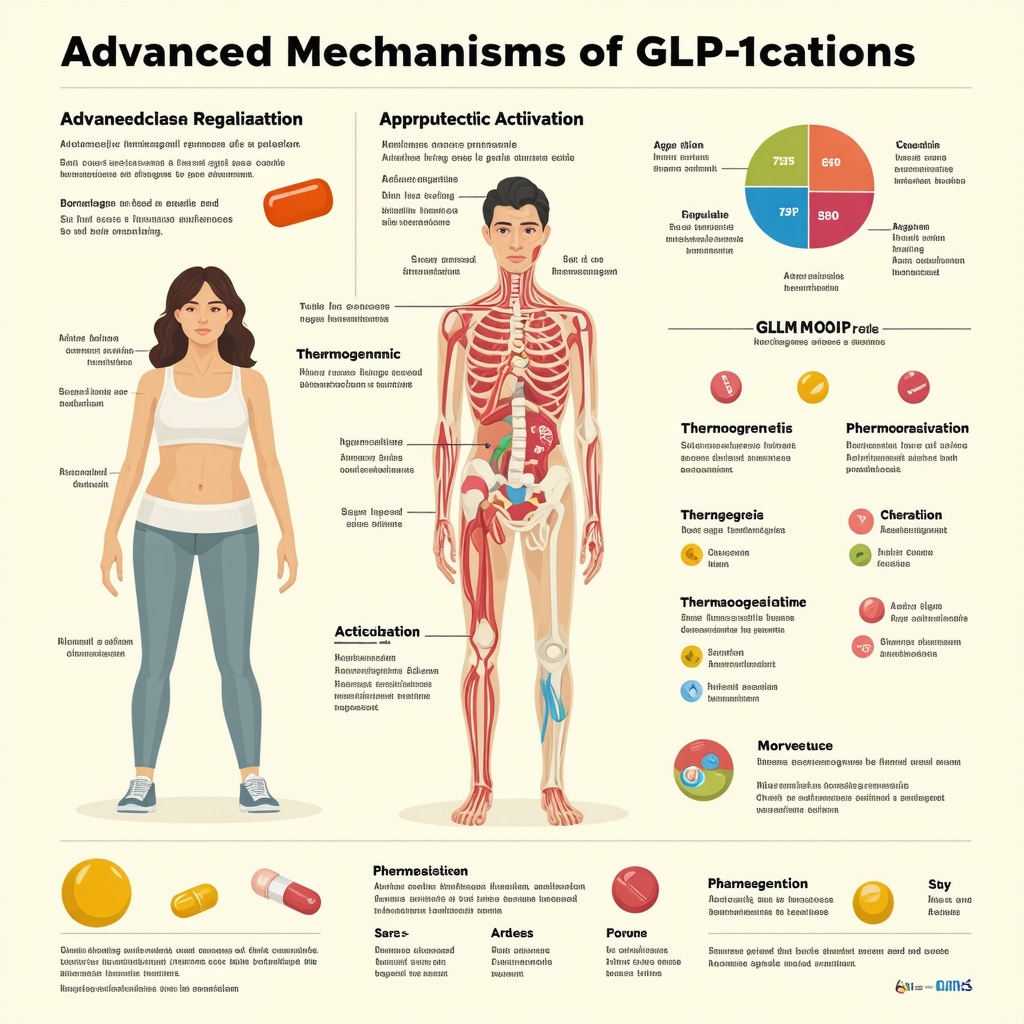Infographic showing GLP-1 medication mechanisms, thermogenesis, and pharmacogenomic tailoring for weight loss