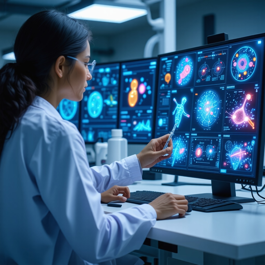 Doctor reviewing metabolic biomarkers and genetic test results on screens with patient for personalized weight loss treatment
