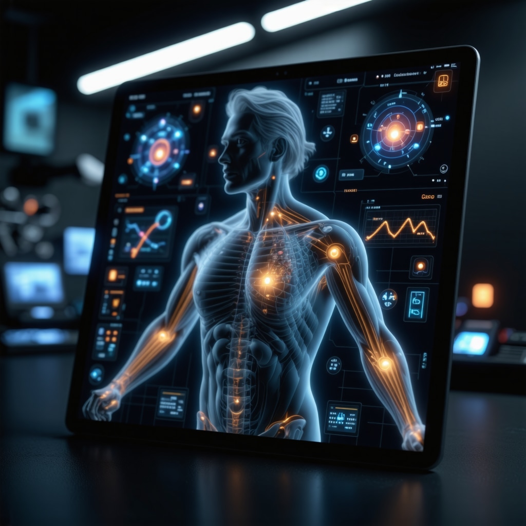 Futuristic telemedicine interface displaying AI analytics, genetic data, and virtual therapy session for personalized weight loss