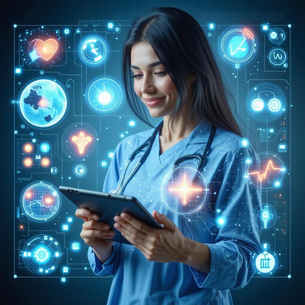 Patient using telemedicine platform with AI and medical icons for weight loss management