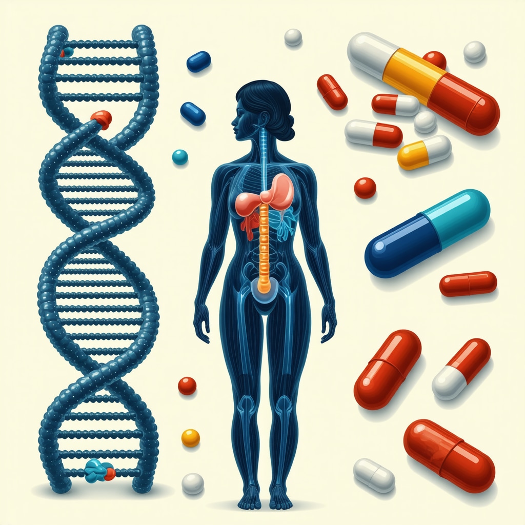 Illustration showing DNA helix, medication capsules, and human metabolism silhouette representing personalized weight loss drug therapy