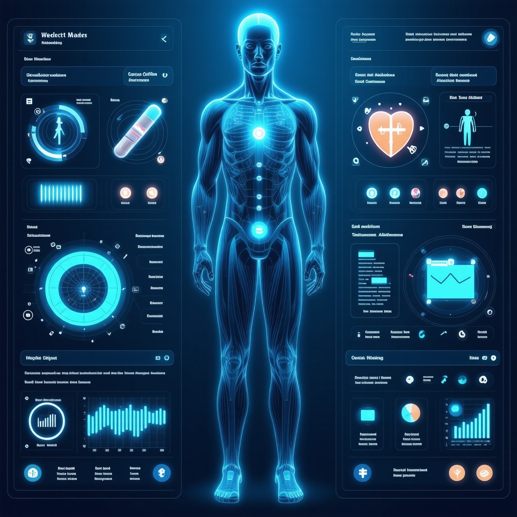 Futuristic digital dashboard showing personalized obesity treatment data with genetic markers and telemedicine icons