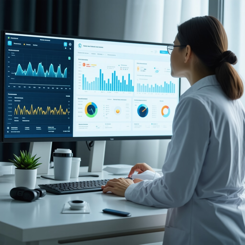Futuristic digital health dashboard showing real-time weight loss injection treatment monitoring with graphs and patient data visualization