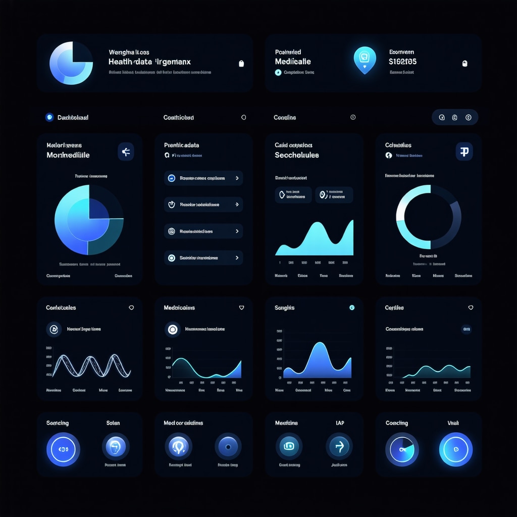 Futuristic digital dashboard showing weight loss progress, pharmacogenomic data, medication reminders, and AI coaching features