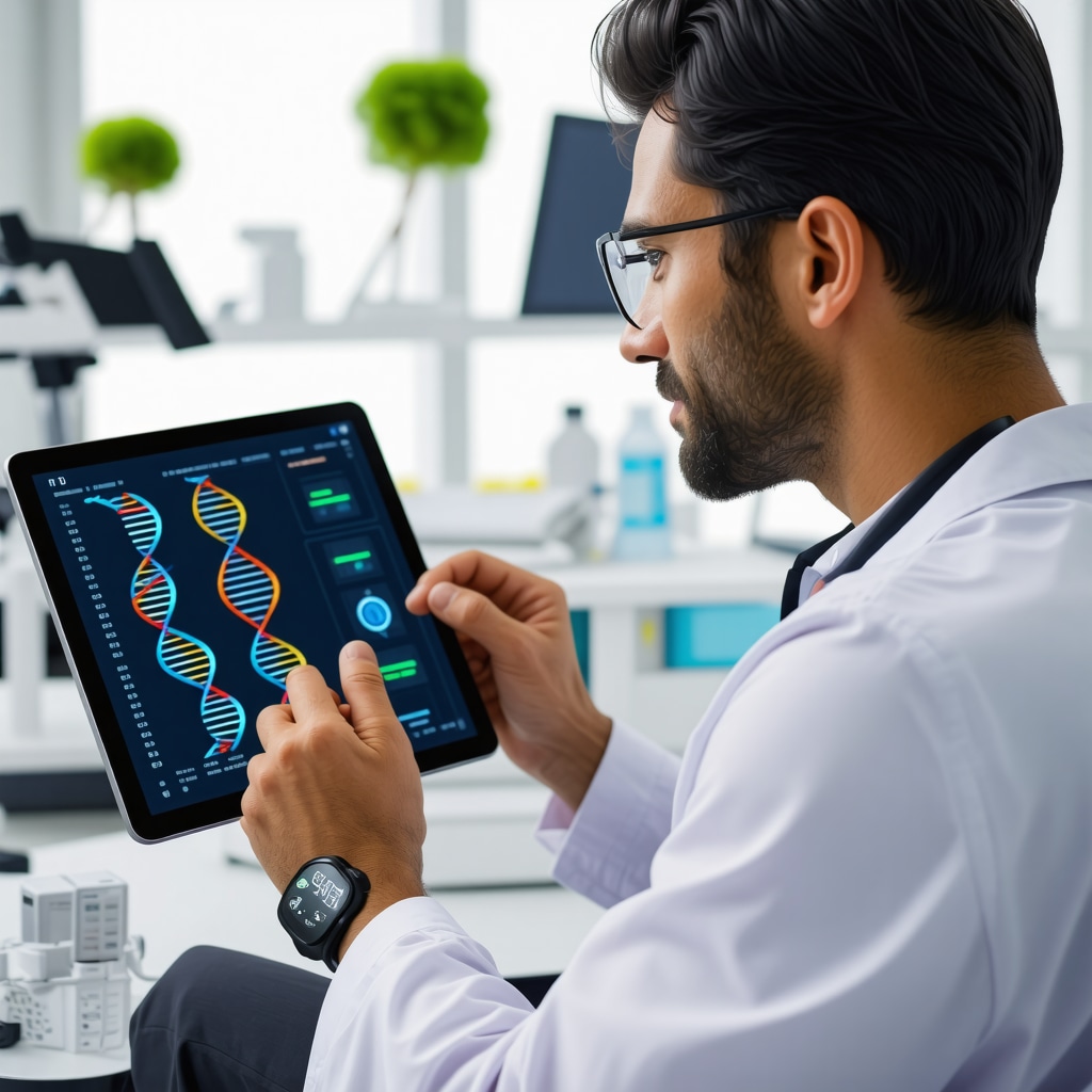 Doctor reviewing genetic data with patient wearing continuous glucose monitor representing personalized weight loss plan