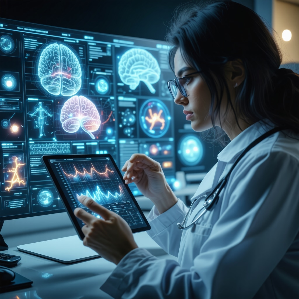 Medical professional reviewing metabolic flexibility and genetic data with patient in high-tech clinic