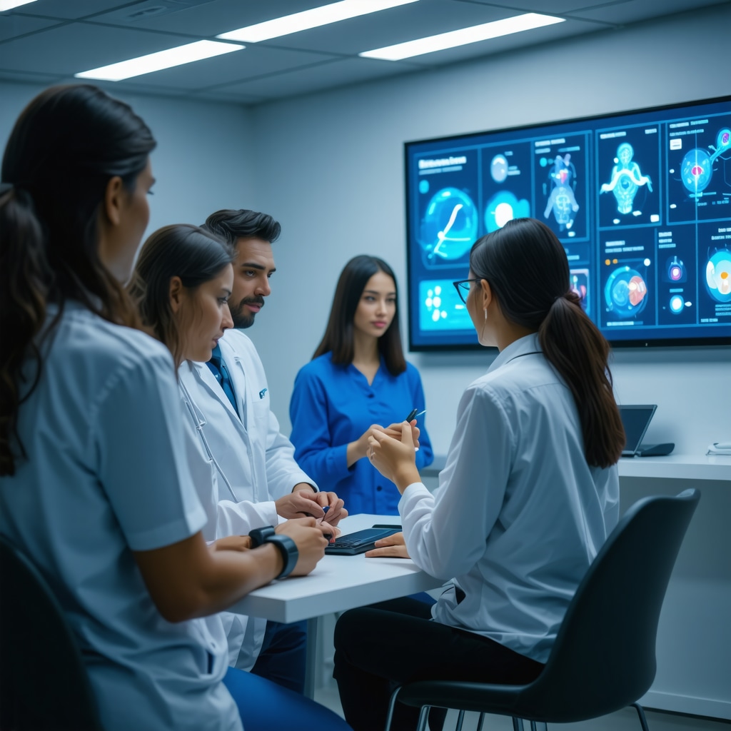 Medical professional reviewing genetic data on screen with patients using wearables in a modern clinic
