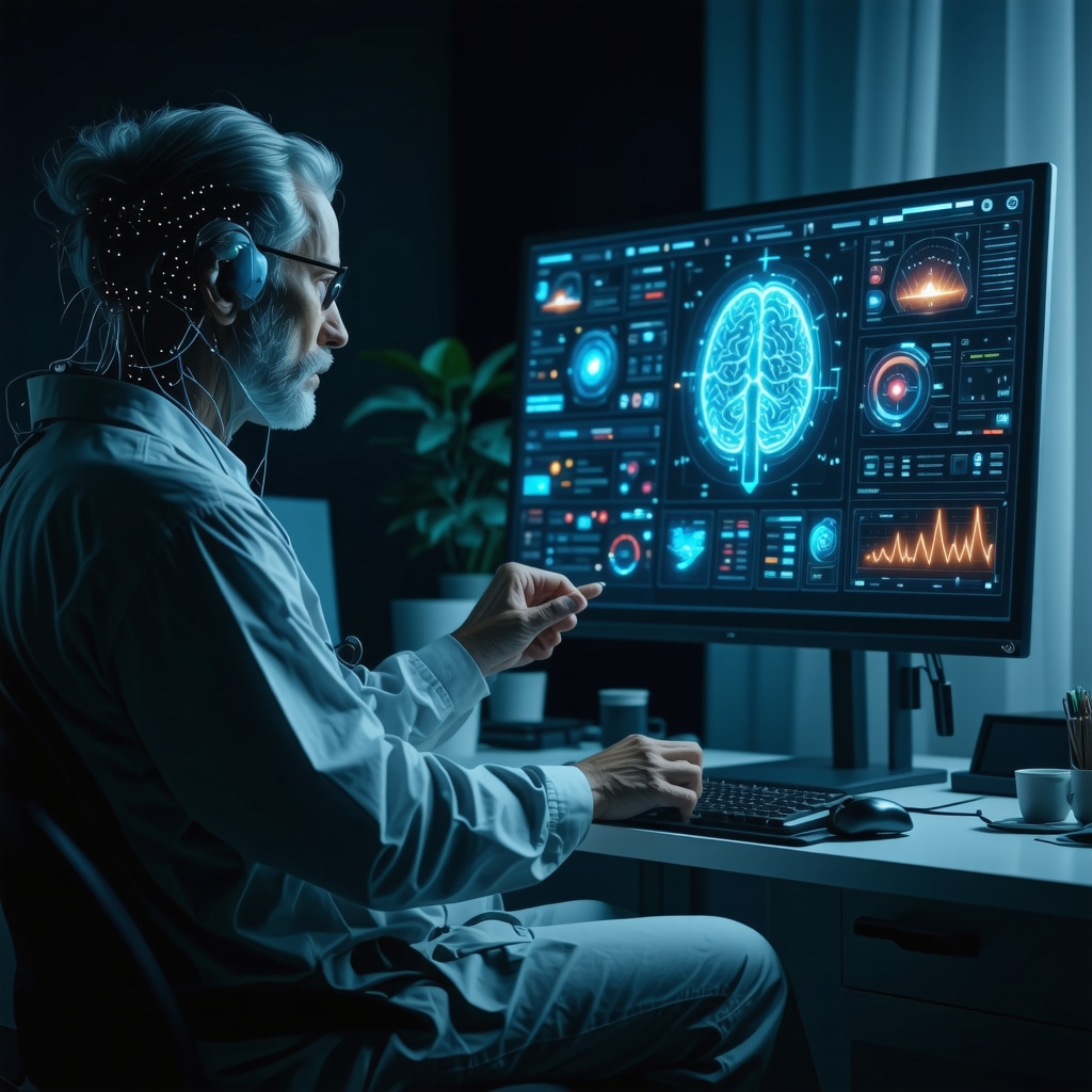 Patient interacting with AI-driven telemedicine platform displaying biometric and neural modulation data