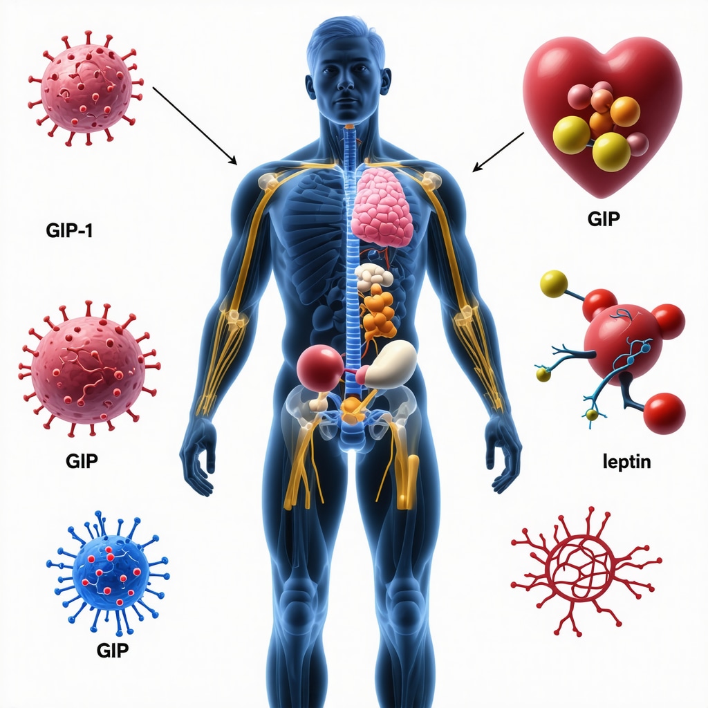Medical illustration of hormonal pathways and brown adipose tissue activation involved in prescription weight loss medications