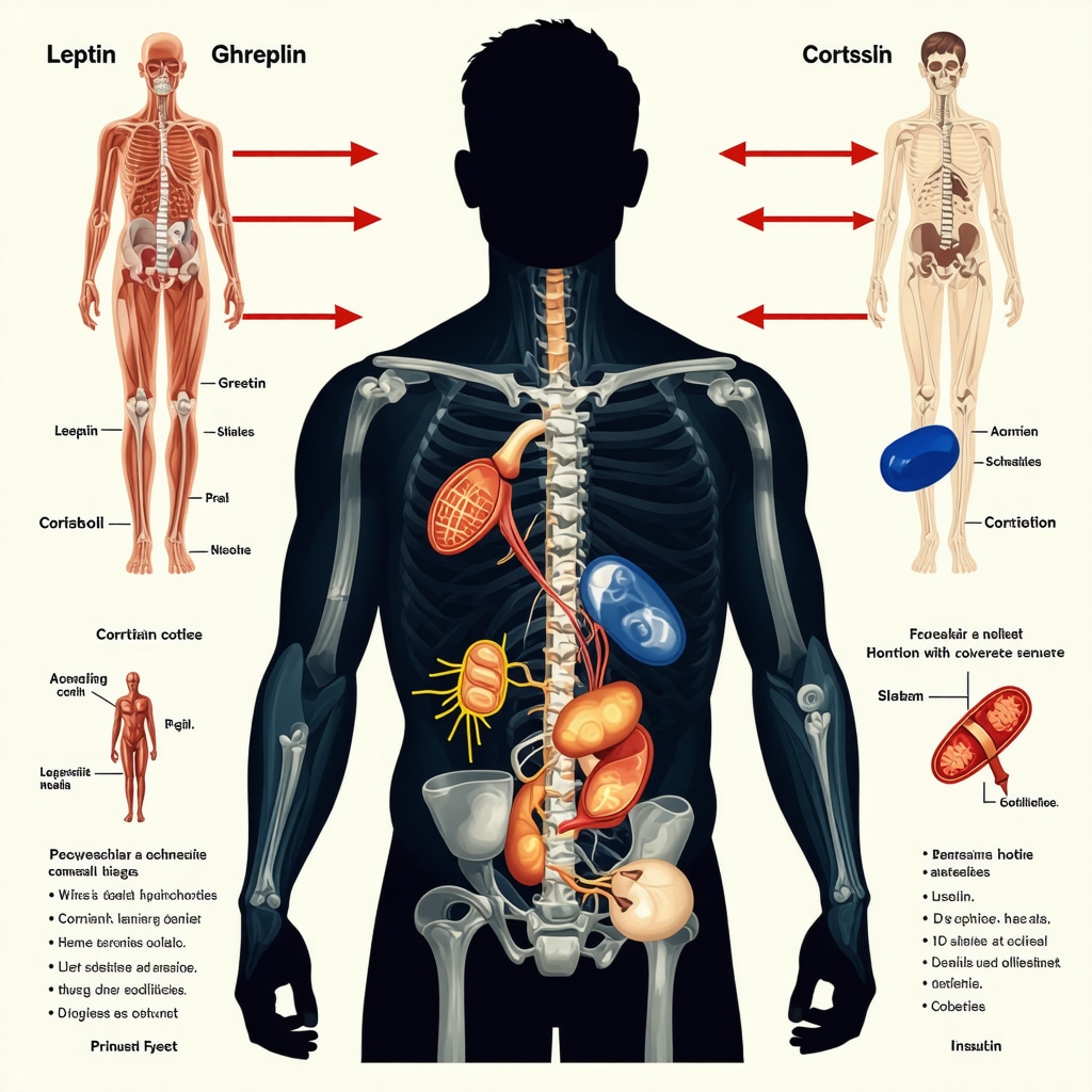 Infographic showing leptin, ghrelin, cortisol, and insulin pathways affecting fat loss in human body