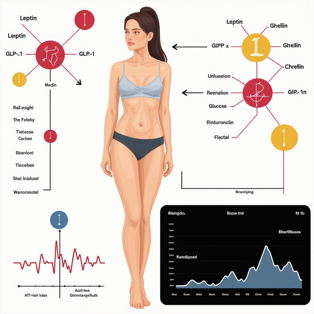 Infographic of hormonal pathways in weight loss and digital health monitoring tools