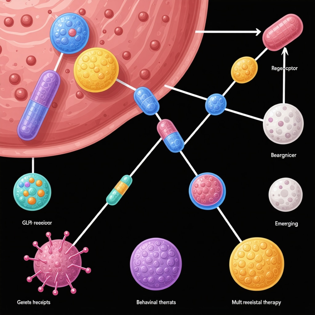 Medical diagram depicting GLP-1 receptor agonists, genetic markers, and behavioral interventions for obesity treatment