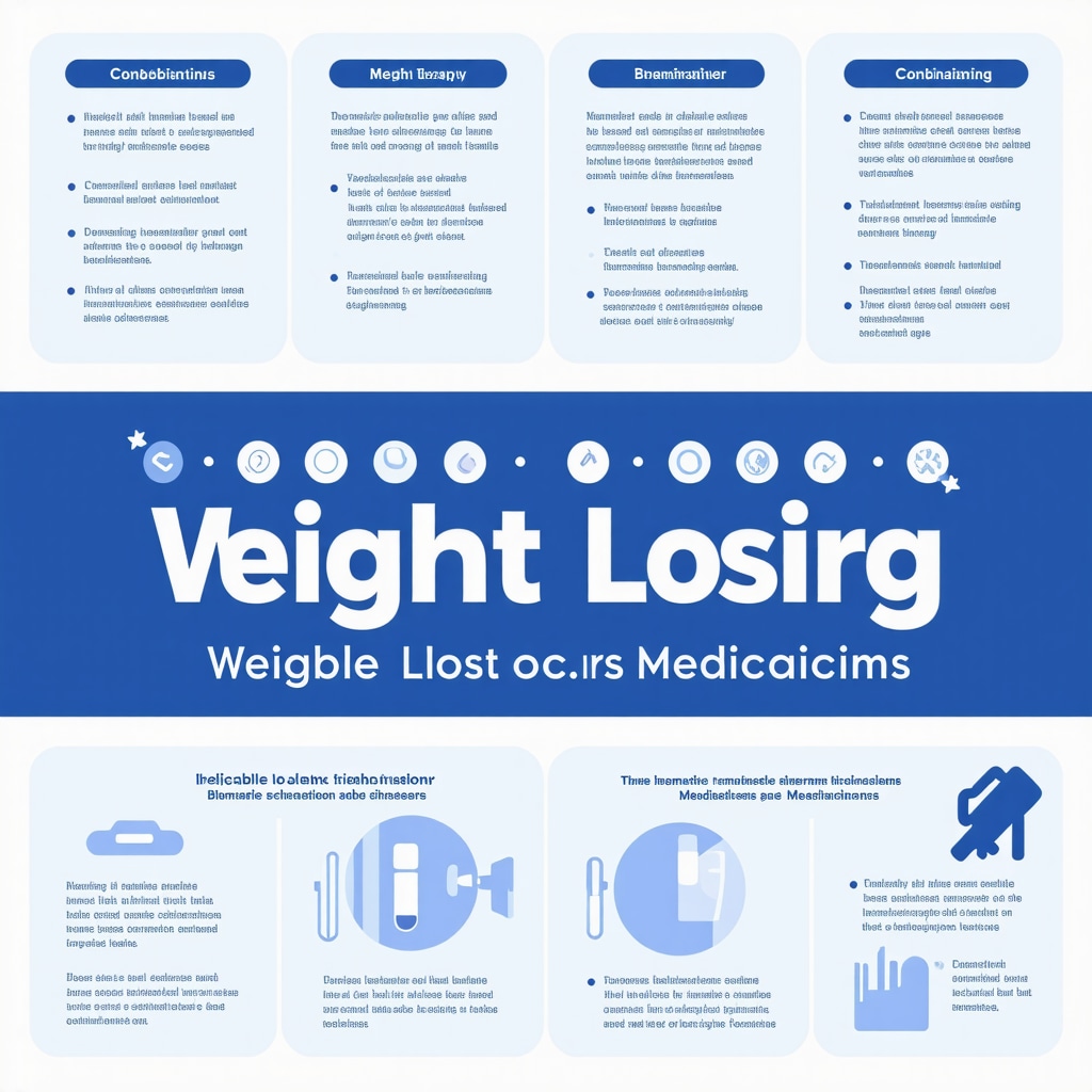 Infographic showing mechanisms of injectable weight loss medications, biomarker monitoring, and combination therapy in clinical treatment