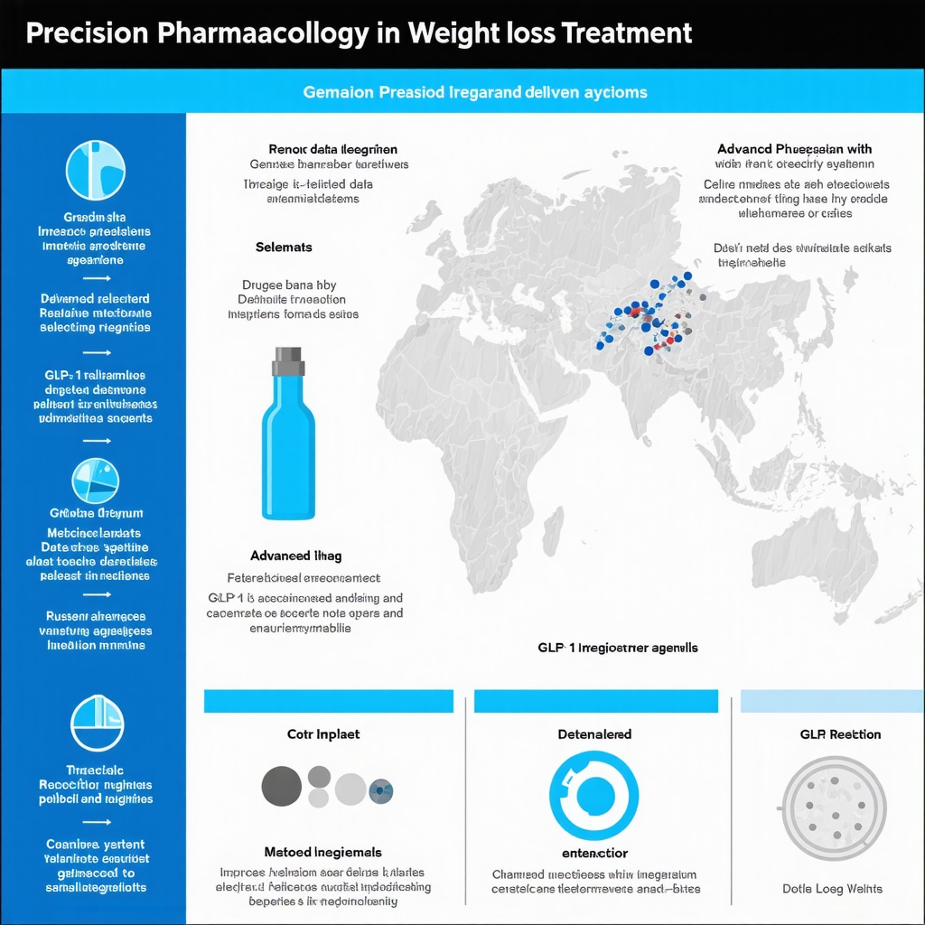 Infographic depicting genomic-guided weight loss drug selection and novel delivery methods