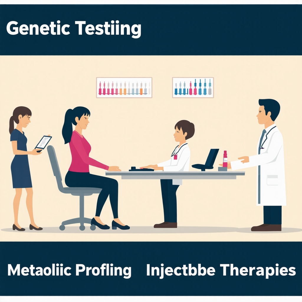 Infographic showing genetic and metabolic profiling linked to injectable weight loss treatment planning