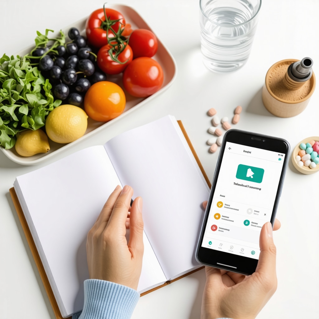 Person writing in a journal with healthy food and telemedicine consultation on smartphone in the background