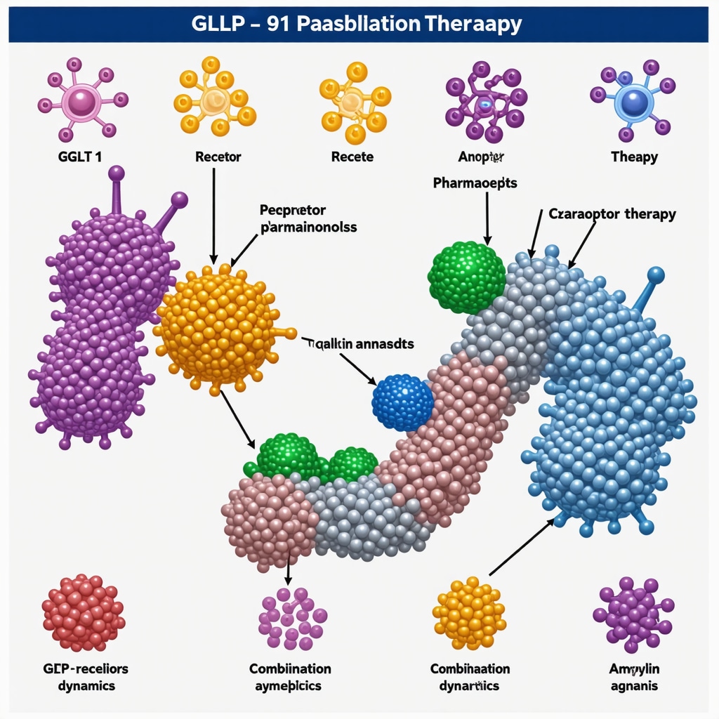 Infographic depicting GLP-1 receptor agonist mechanisms and combination pharmacotherapy options for advanced obesity treatment