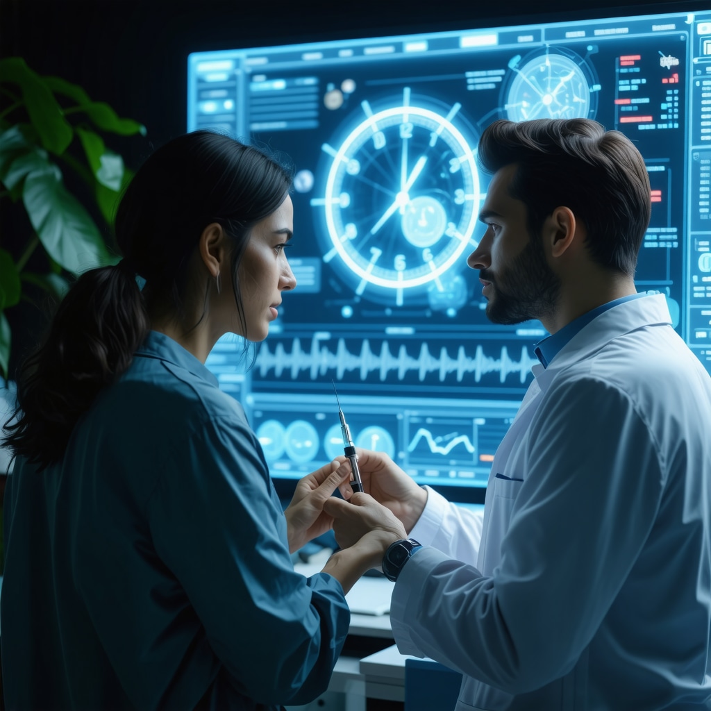 Medical consultation with holographic circadian rhythm chart illustrating timing of injectable weight loss medication