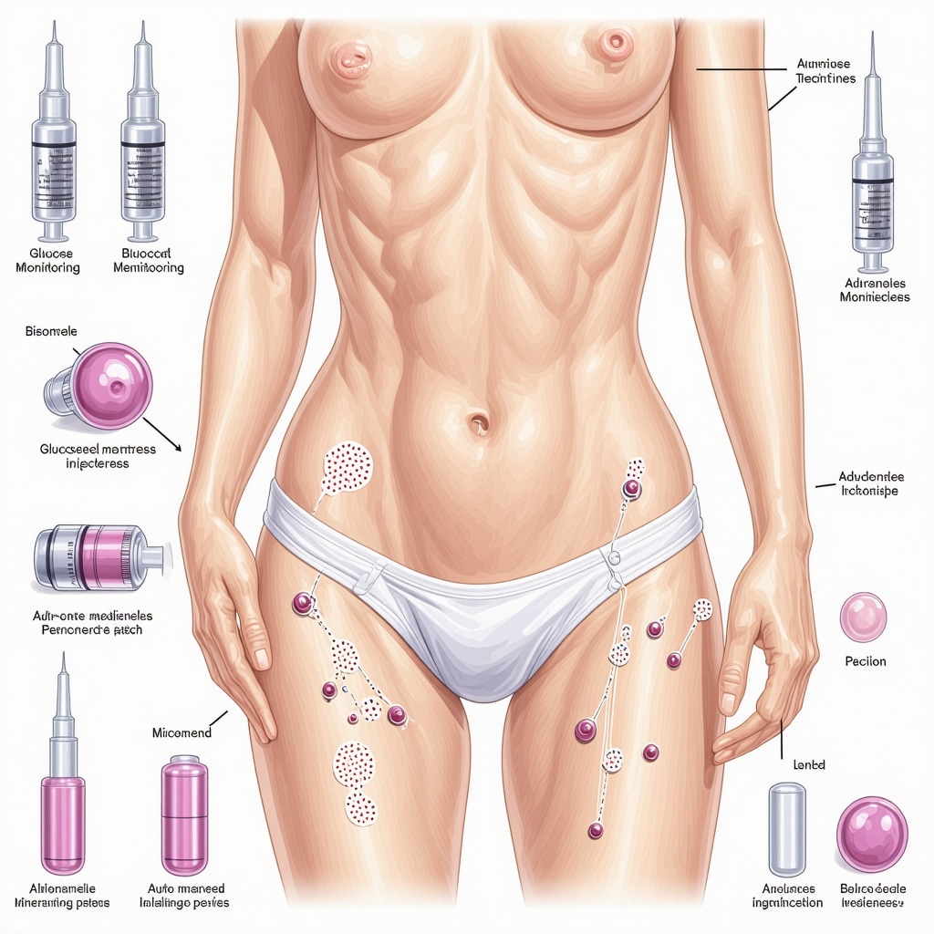 Medical illustration depicting precision injectable weight loss treatments with biomarker monitoring and advanced injection methods