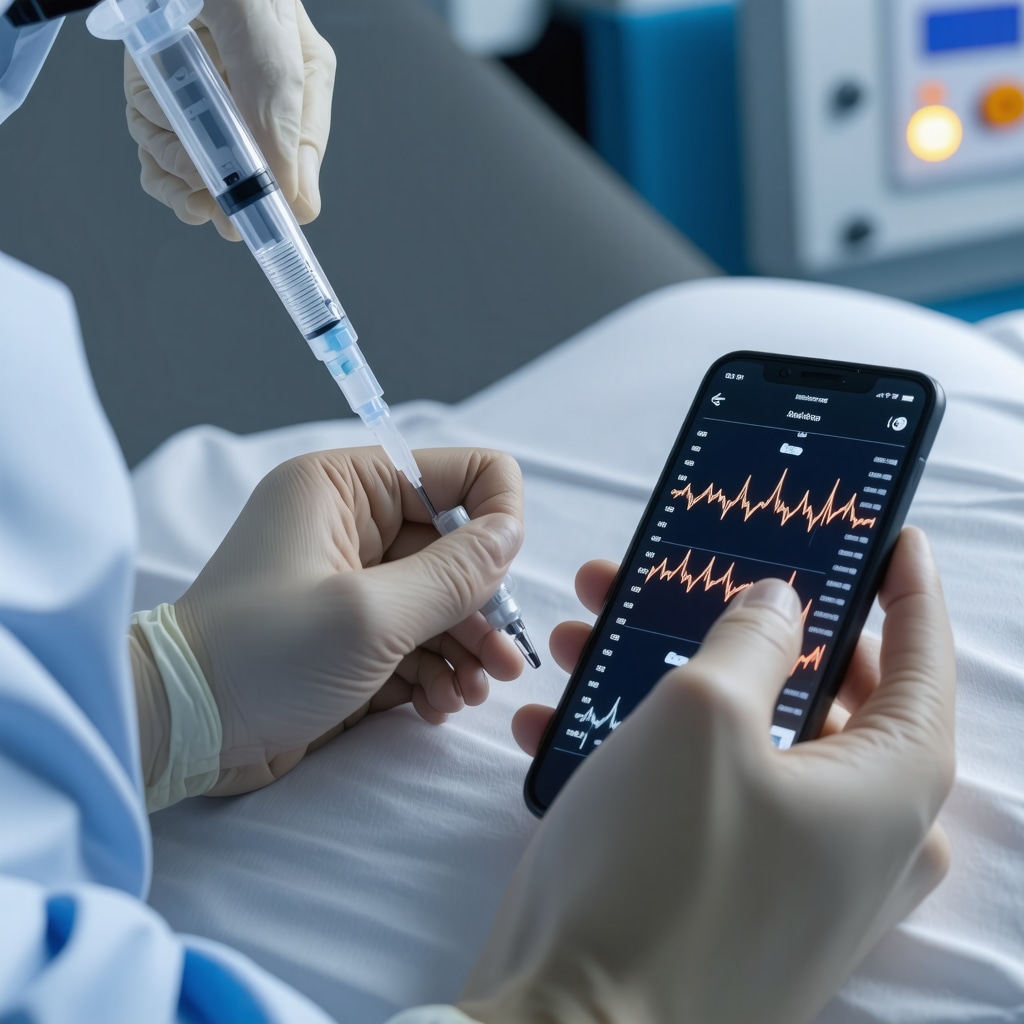 Patient receiving weight loss injection with digital health monitoring showing personalized treatment data