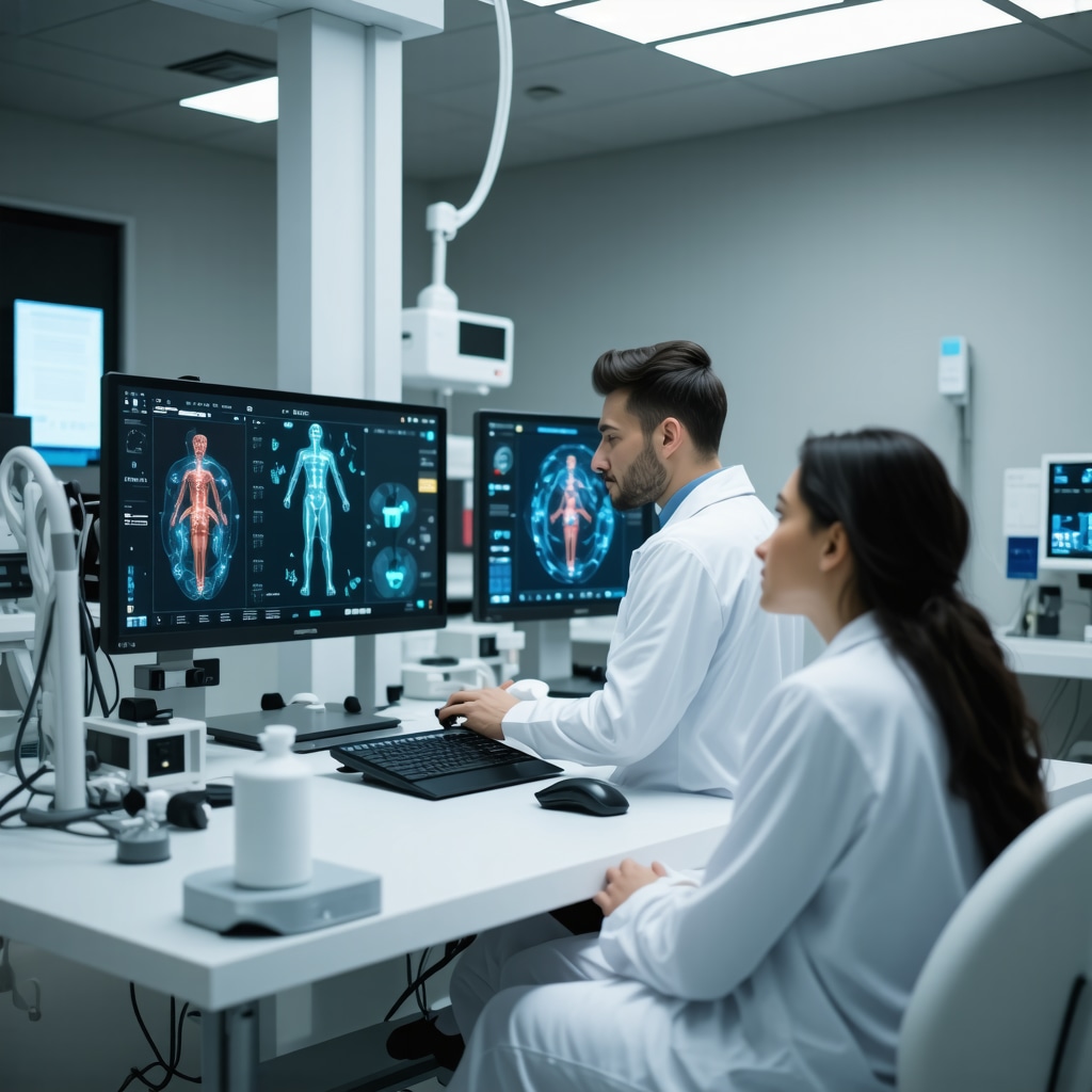 Physician analyzing genomic and digital health data to personalize fat loss treatment in a modern clinical environment