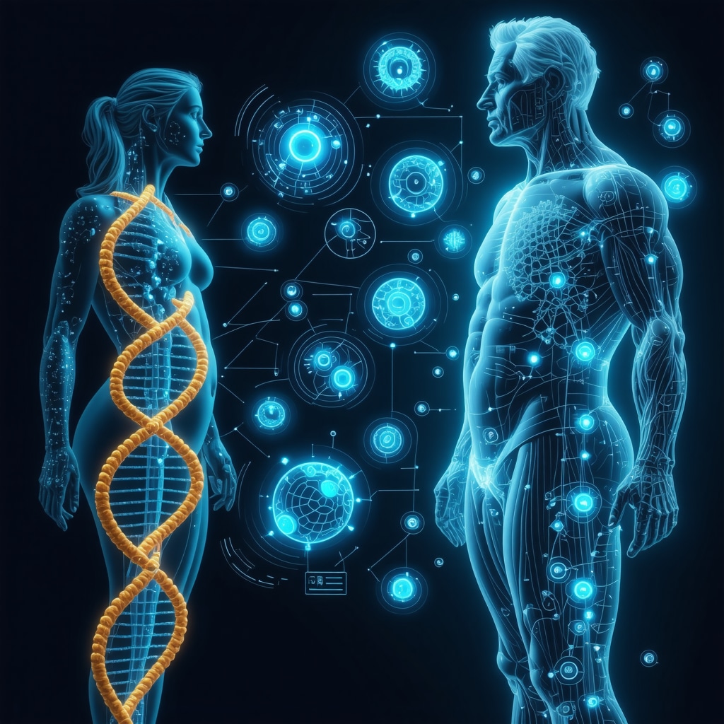 Illustration of DNA, microbiome, and AI data analytics merging to represent personalized obesity treatment