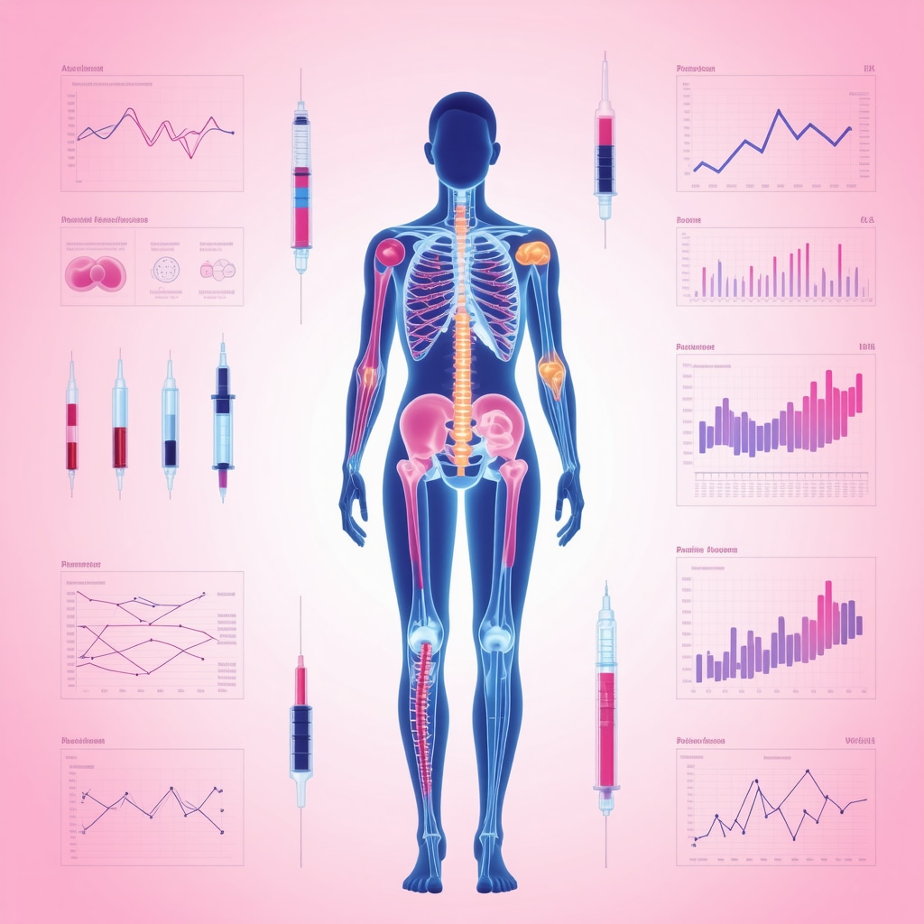 Illustration depicting genetic testing, implantable drug delivery systems, and biomarker monitoring for obesity treatment