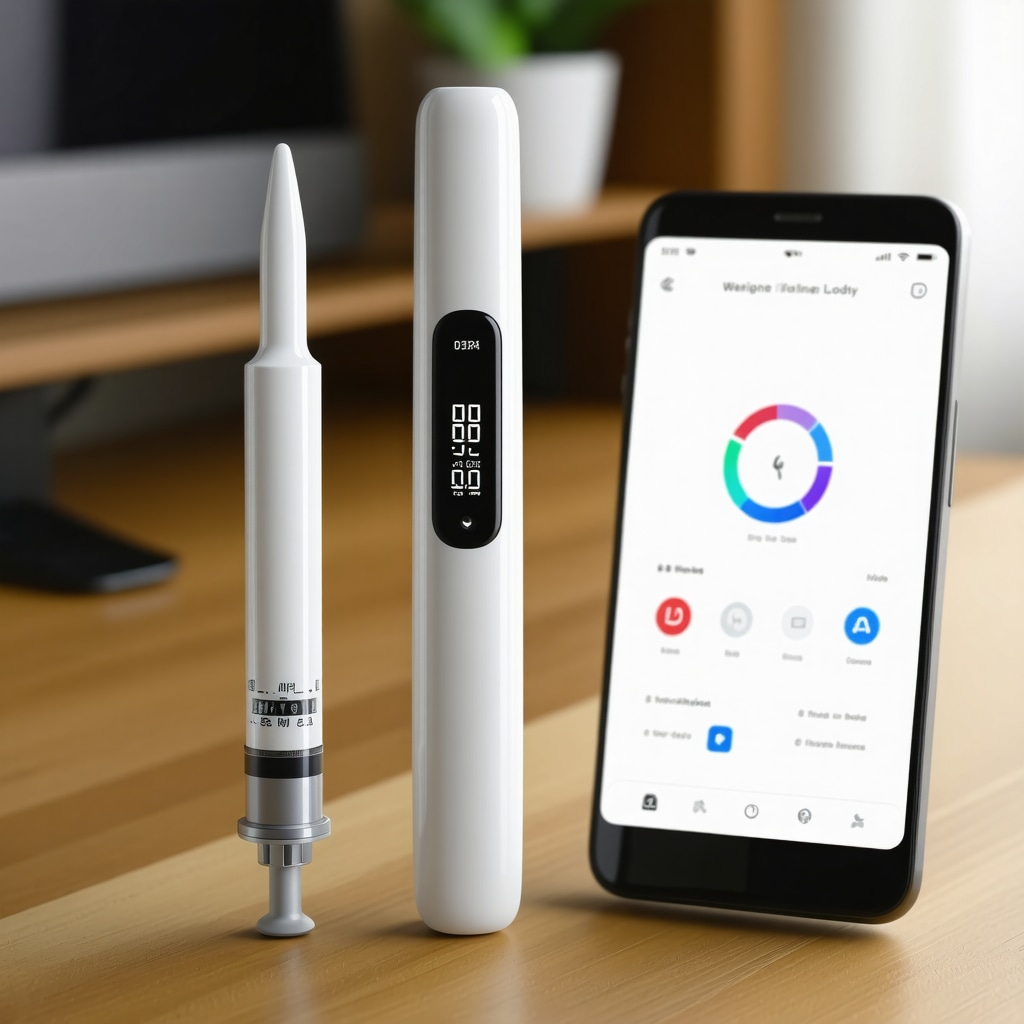 Smart injection pen with digital feedback and mobile app displaying biometric data for weight loss