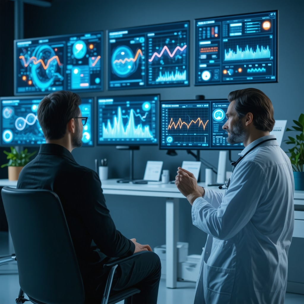 Patient and doctor engaged in a telemedicine session with visual overlays of genetic information and biometric data to optimize prescription weight loss
