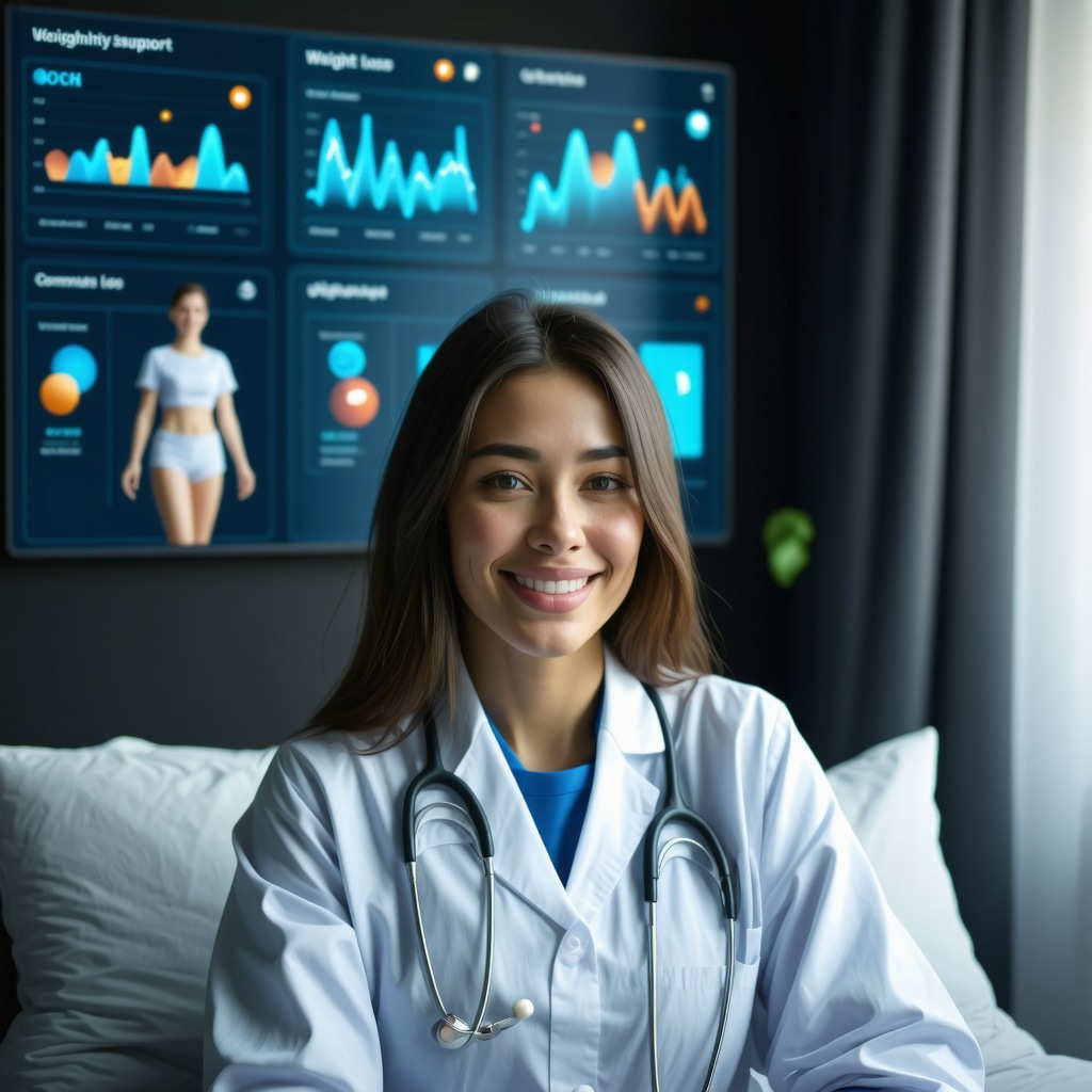Patient in virtual consultation with healthcare provider, displaying weight loss data and community engagement icons