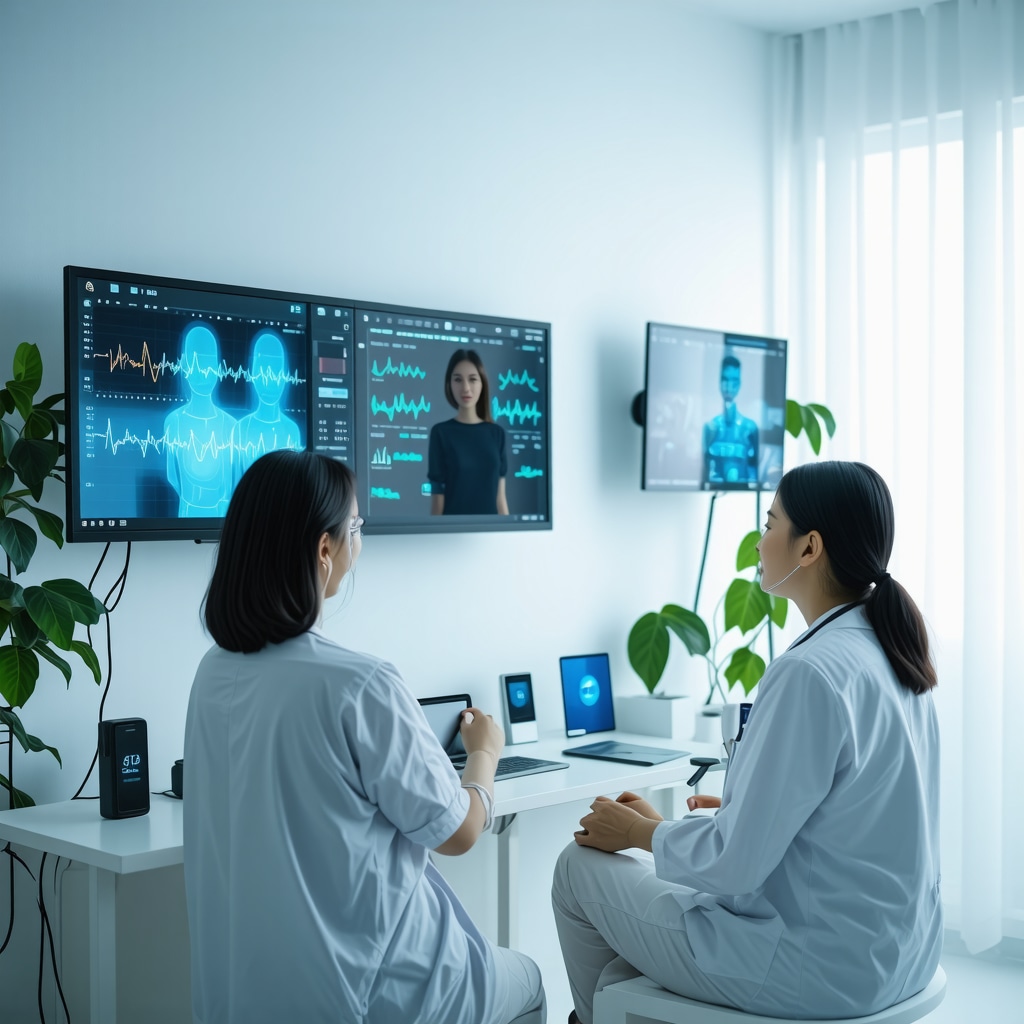 Patient and doctor virtual consultation with wearable health devices displaying biometric data for weight loss