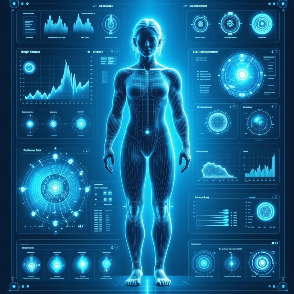 Futuristic digital health dashboard showing AI analytics, biometric data, and gut microbiome for obesity treatment
