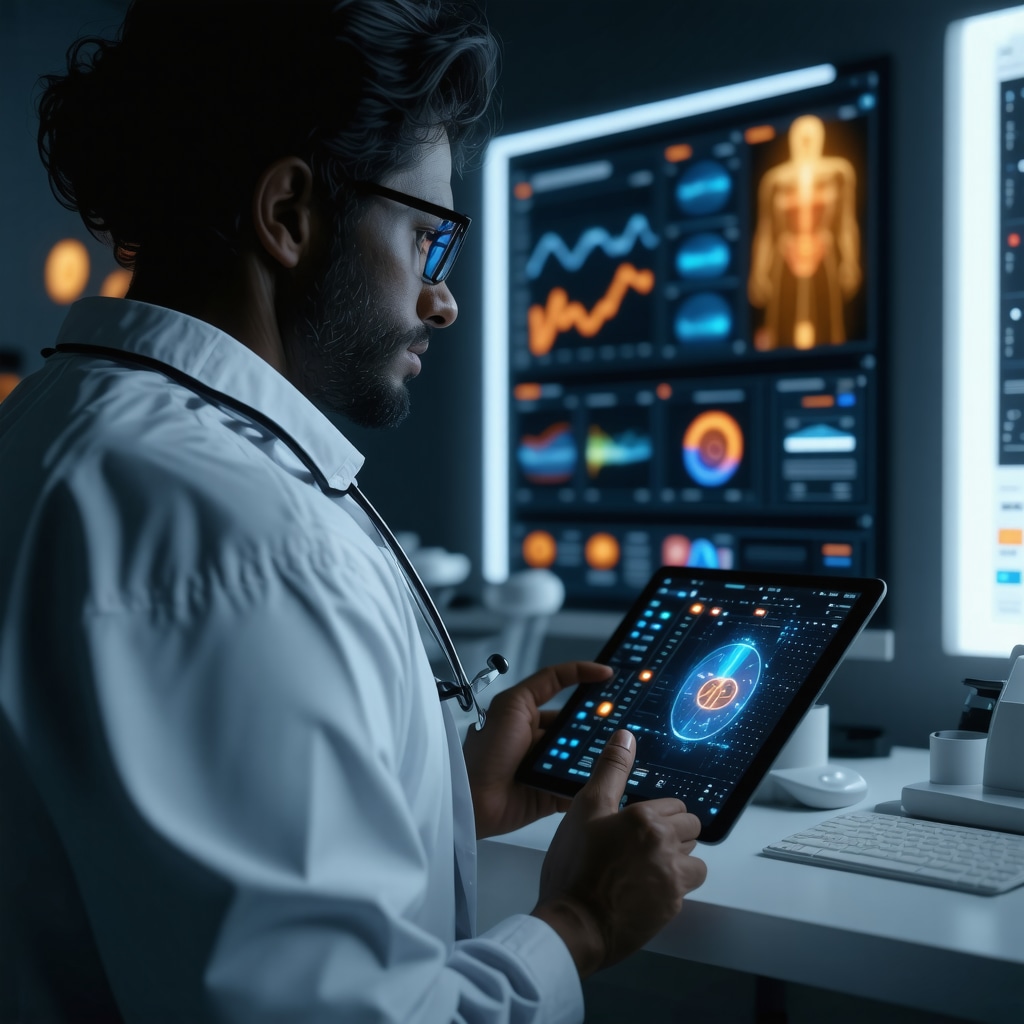 Doctor using AI-driven data and wearable technology for personalized weight loss monitoring in medical setting