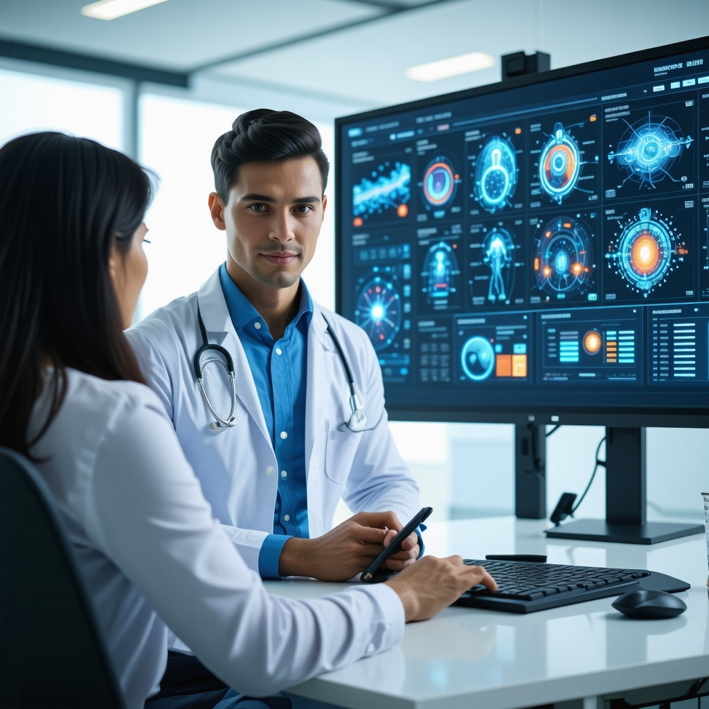 Doctor reviewing AI and genetic data on screen for personalized weight loss treatment