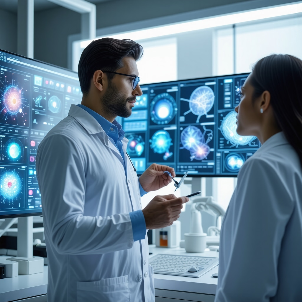 Physician reviewing AI data and genetic profiles for personalized weight loss treatment in a clinical environment