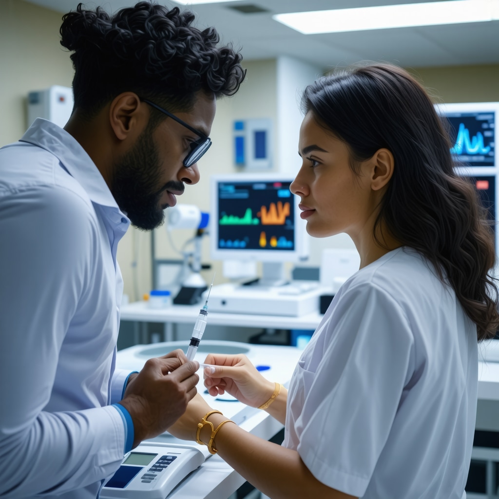 Patient receiving injectable weight loss medication with AI health monitoring and genetic data visualization