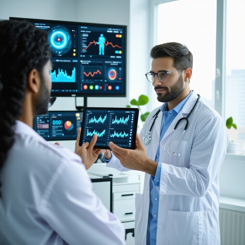 Patient using AI-driven telemedicine platform with biometric data and weight loss graphs