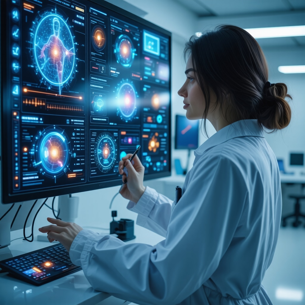 Healthcare professional reviewing AI-powered multi-omics and biometric data dashboards in clinical setting