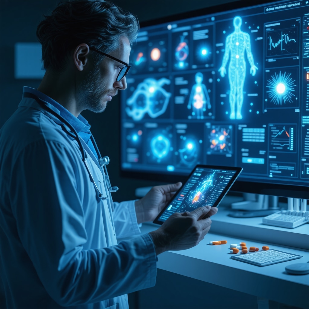 Physician using AI and genomic data to customize weight loss medication in futuristic clinical environment
