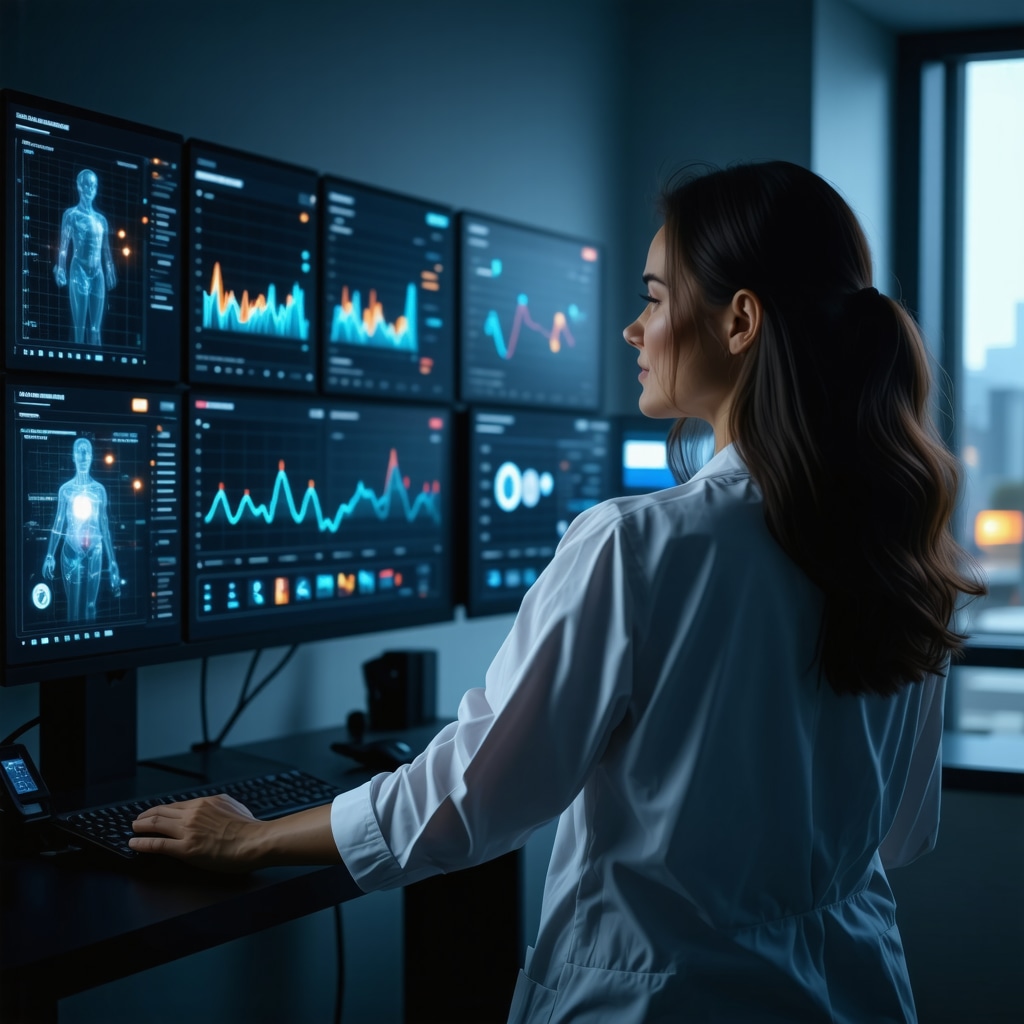 Futuristic digital dashboard showing AI-driven personalized weight loss data and telemedicine interaction