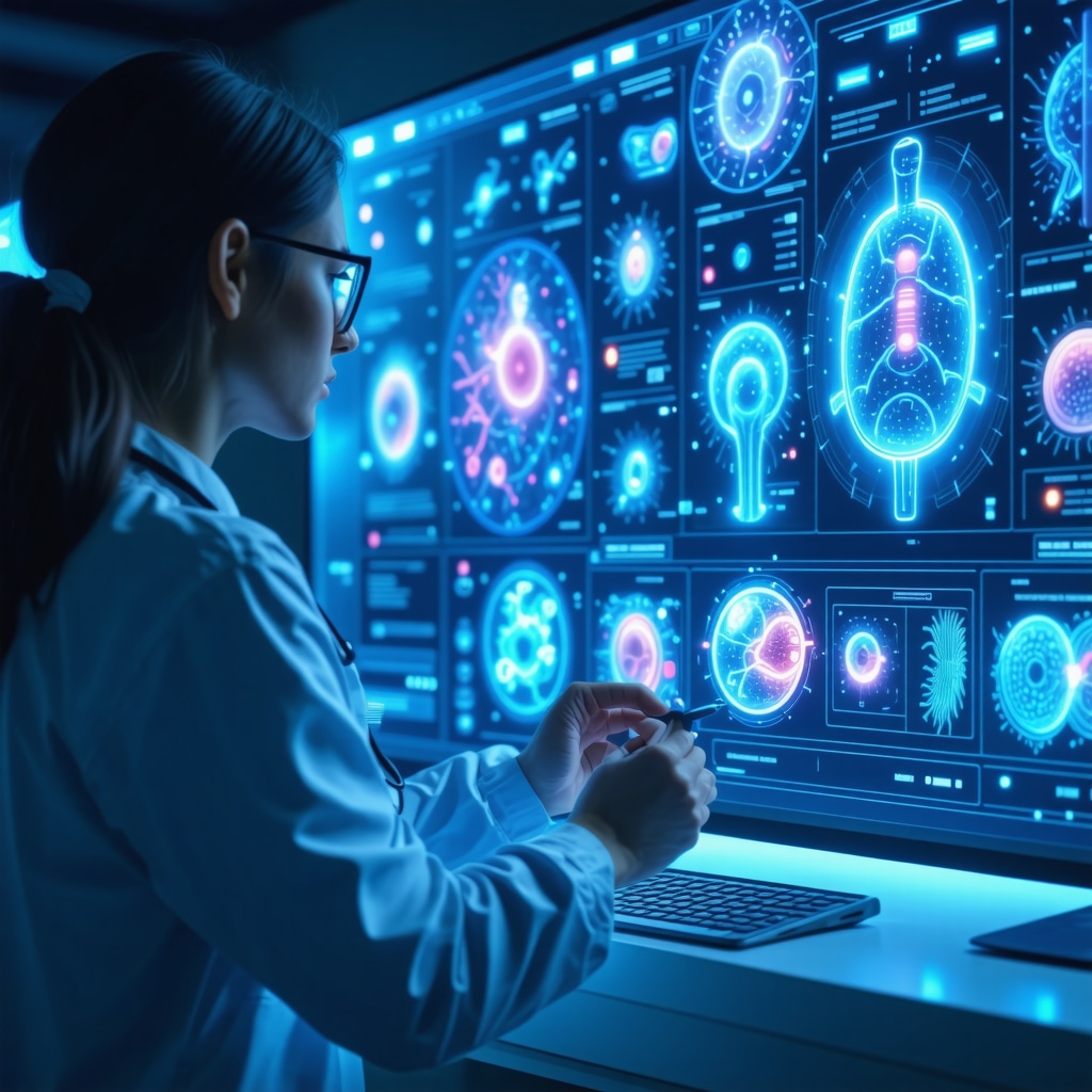 Doctor utilizing AI and genetic data for personalized weight loss treatment planning with microbiome illustration