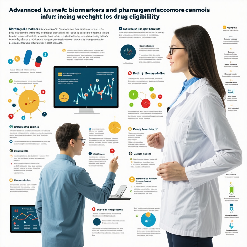 Infographic showing metabolic biomarkers and genetic factors used in advanced weight loss drug qualification with clinical background