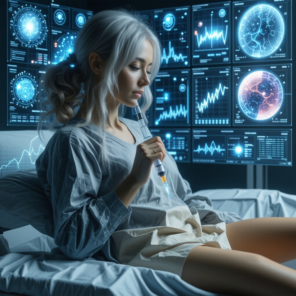 Patient receiving advanced injectable weight loss medication with graphical overlays showing pharmacogenomics and microbiome influence