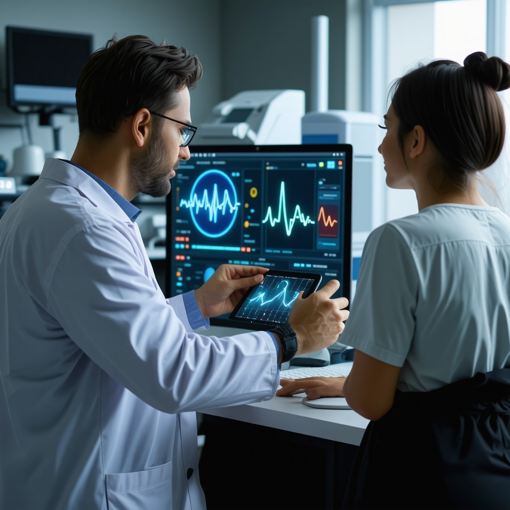 Doctor reviewing genomic data and wearable device metrics for personalized weight loss therapy