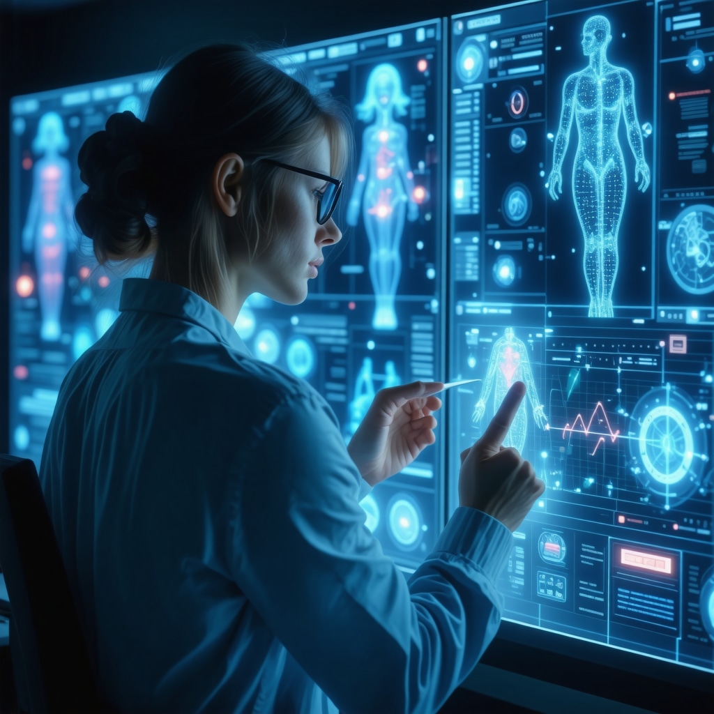 Doctor and patient reviewing genetic and AI health data on transparent digital screens during personalized weight loss consultation