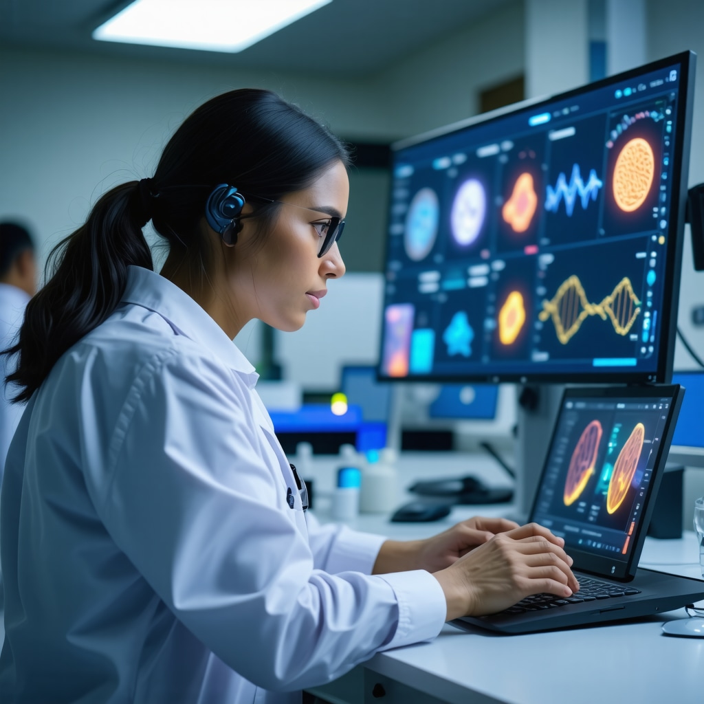 Physician analyzing AI and genetic data for tailored obesity pharmacotherapy in a modern clinic