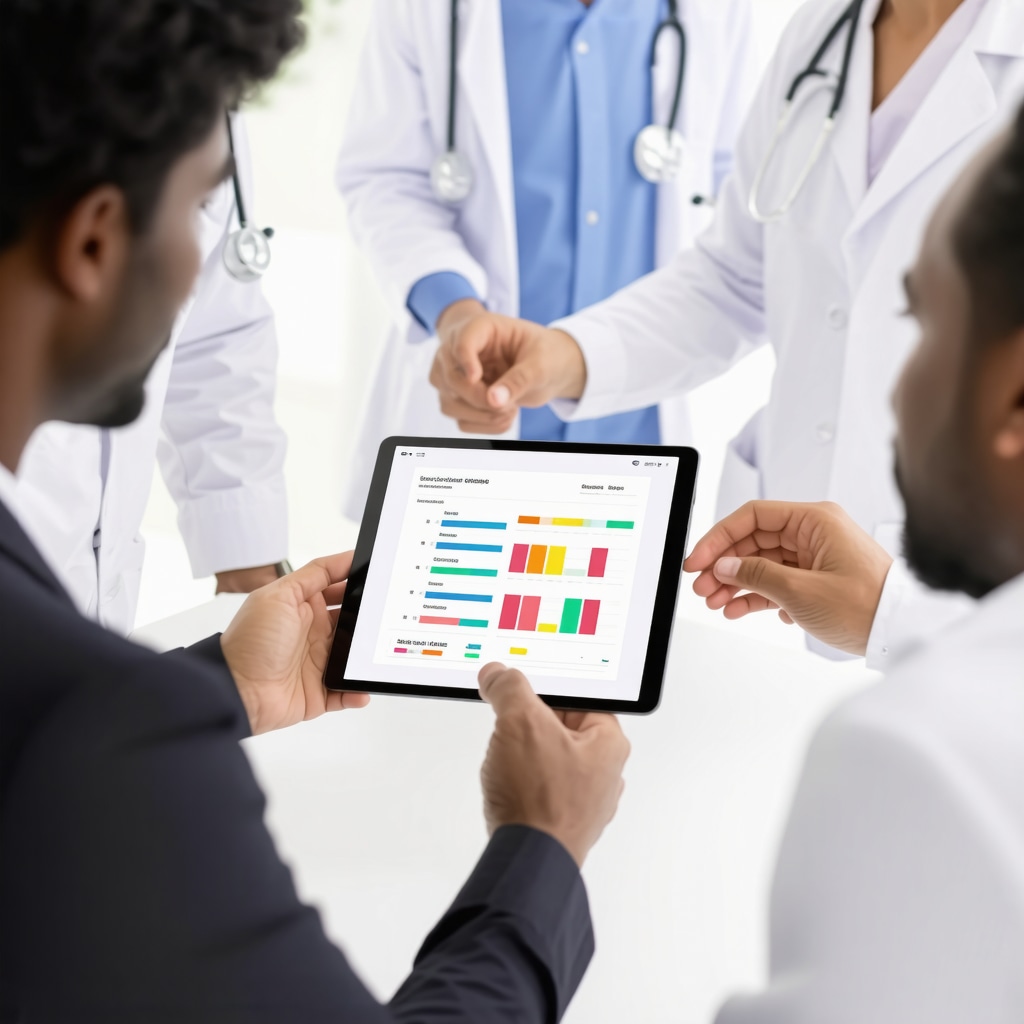 Healthcare providers and patient reviewing weight loss data on a tablet in clinical setting