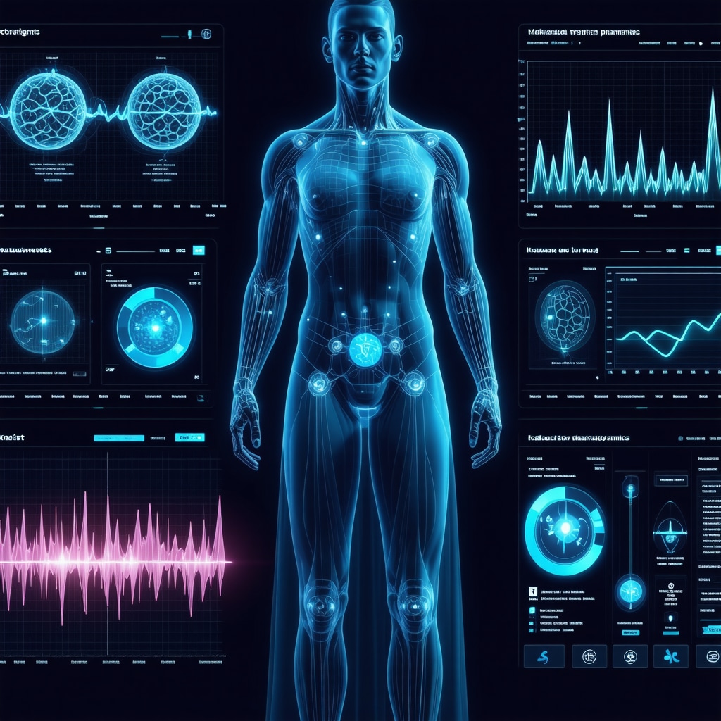 Digital dashboard displaying AI, molecular pharmacodynamics, and genetic markers for personalized weight loss drug management